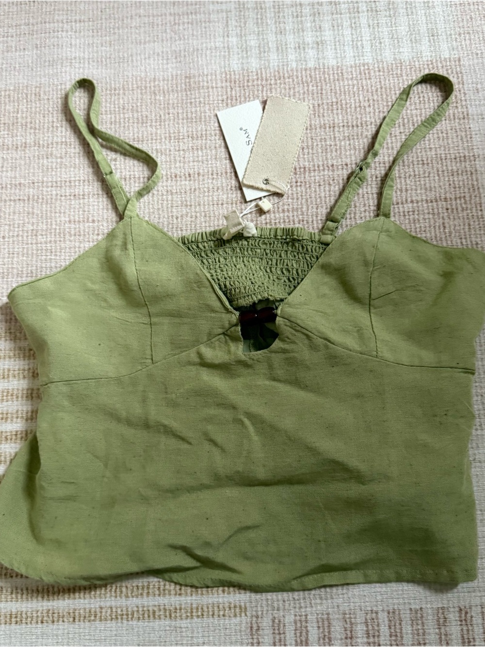 Sim & Sam Green Smocked Back Linen Blend Cropped Cami Tank Top Large NEW